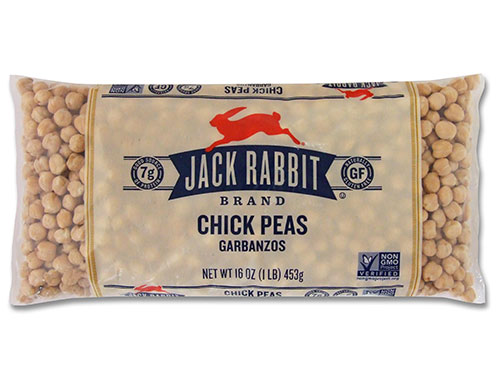 16 ounce bag of Jack Rabbit Brand Chickpeas. Clear bag with tan background and Jack Rabbit Logo.