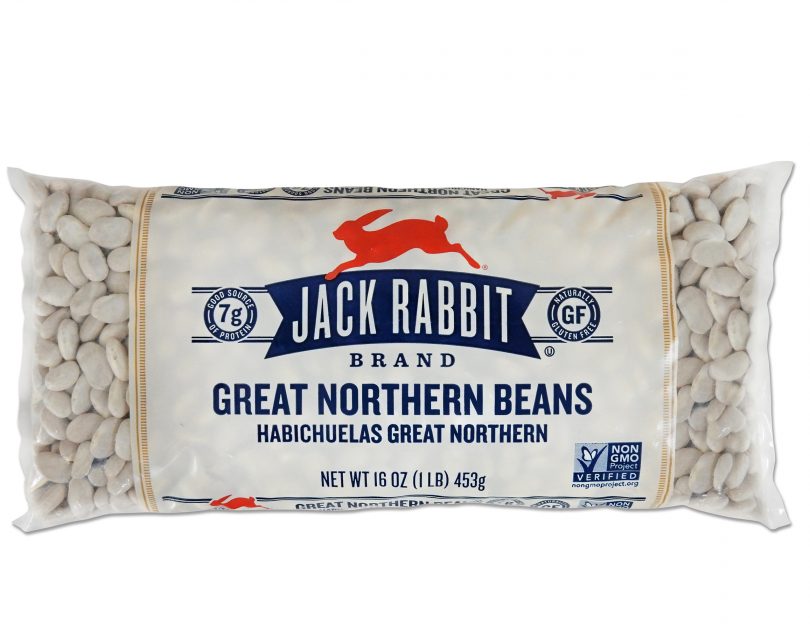 16 ounce bag of Jack Rabbit Brand Great Northern Beans. Clear bag with tan background and Jack Rabbit Logo.