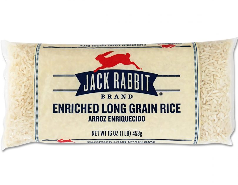 16 ounce bag of Jack Rabbit Brand Enriched Long Grain Rice. Clear bag with tan background and Jack Rabbit Logo.