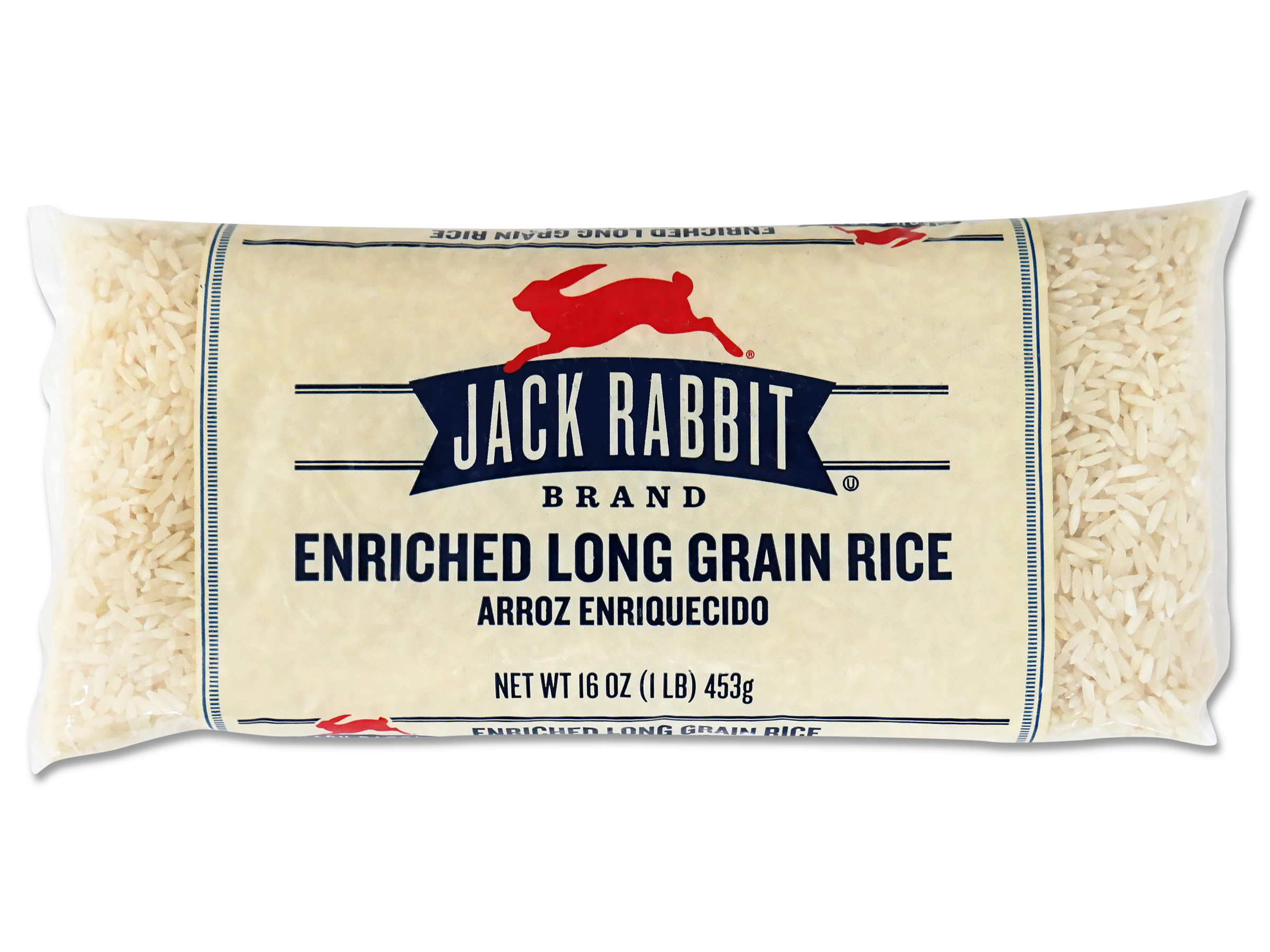 16 ounce bag of Jack Rabbit Brand Enriched Long Grain Rice. Clear bag with tan background and Jack Rabbit Logo.