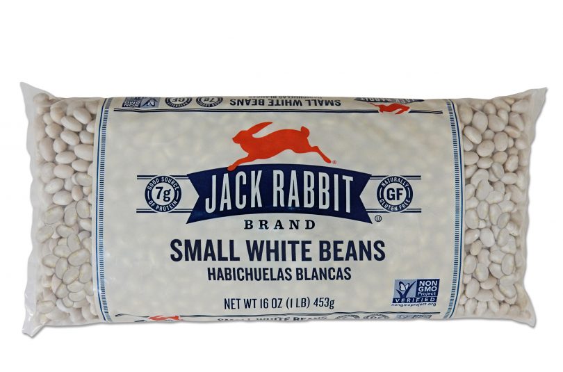 16 ounce bag of Jack Rabbit Brand Small White Beans. Clear bag with tan background and Jack Rabbit Logo.
