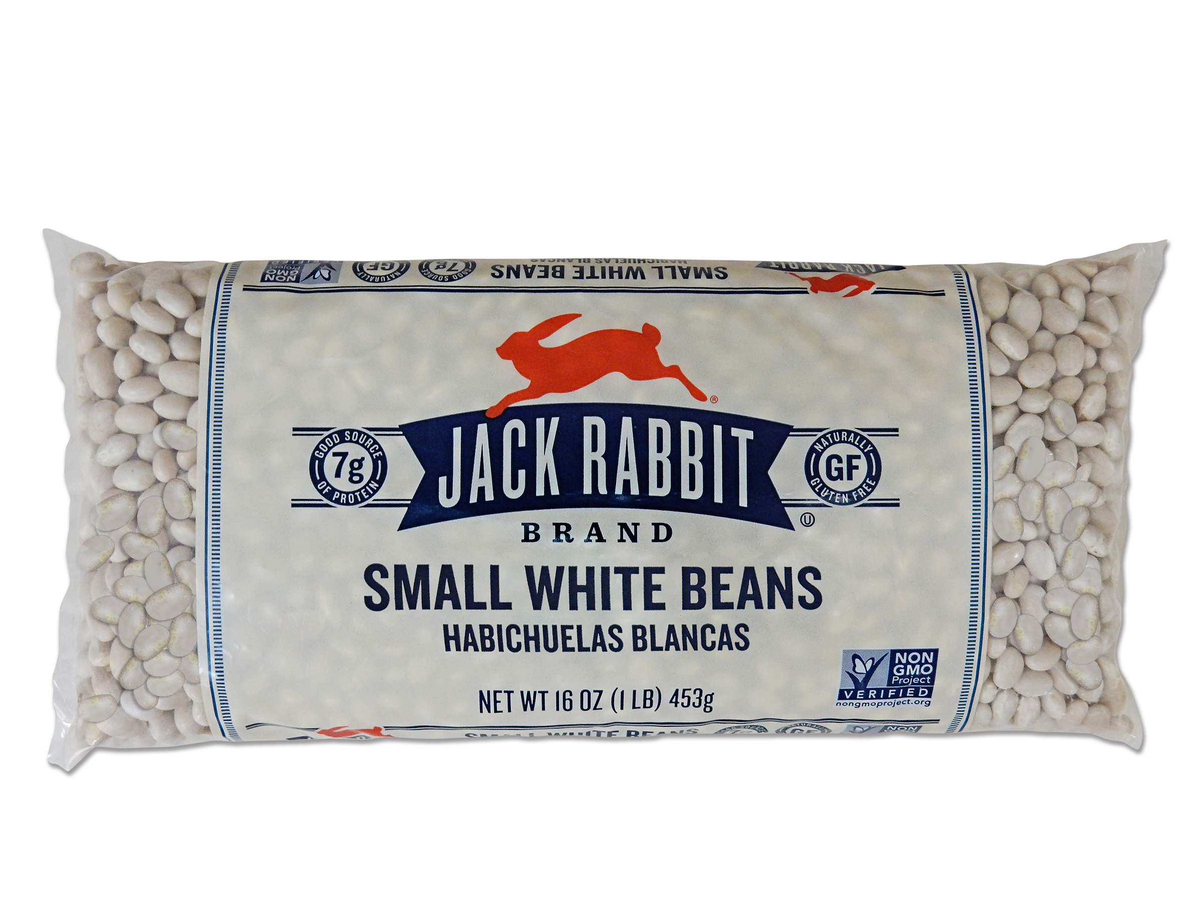 16 ounce bag of Jack Rabbit Brand Small White Beans. Clear bag with tan background and Jack Rabbit Logo.