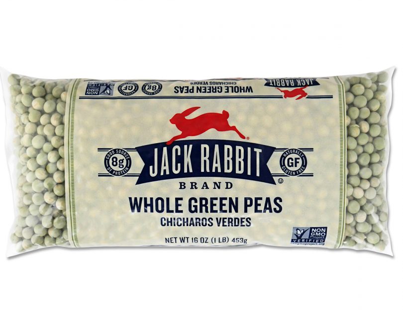 16 ounce bag of Jack Rabbit Brand Whole Green Peas. Clear bag with tan background and Jack Rabbit Logo.