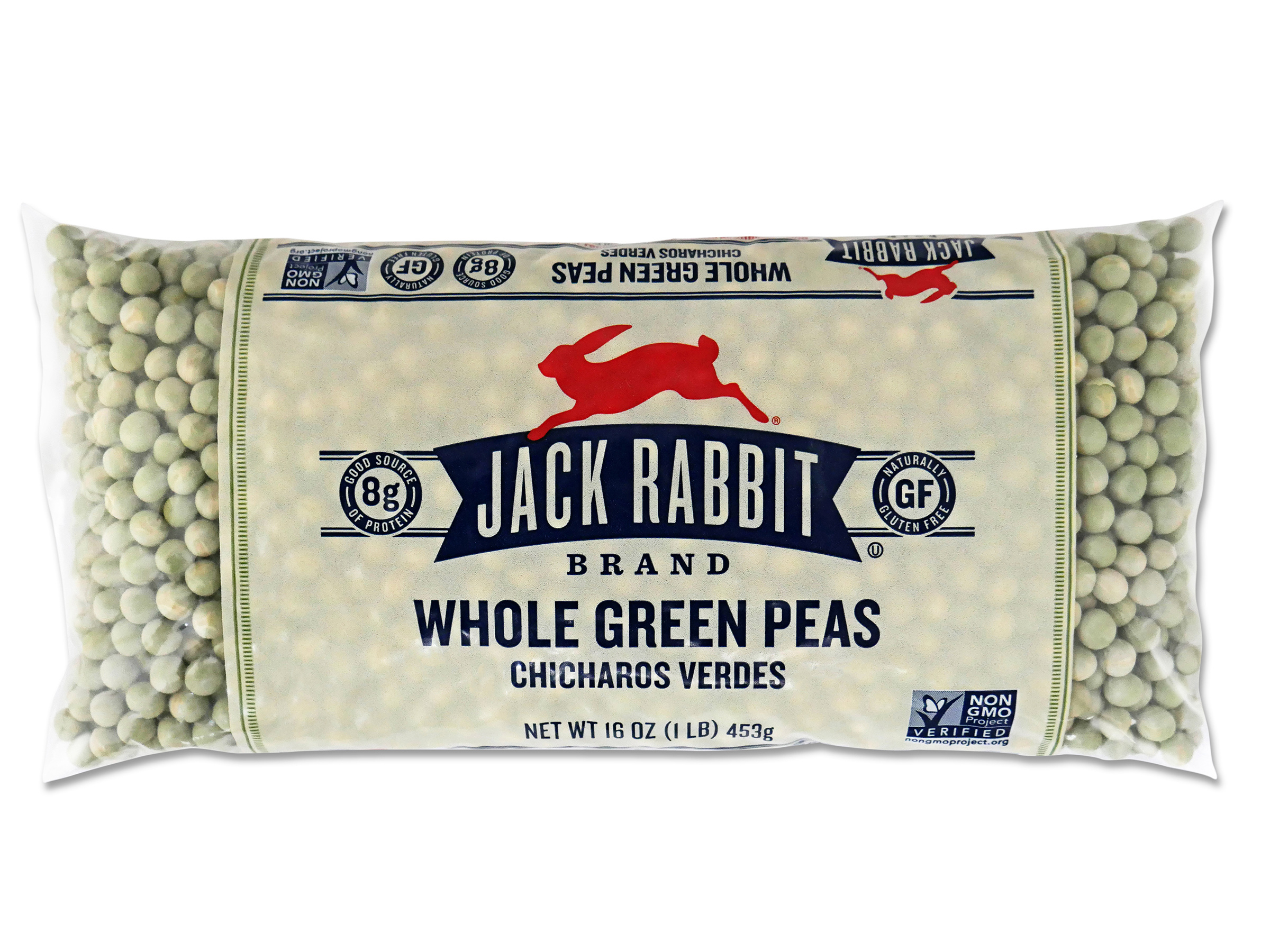 16 ounce bag of Jack Rabbit Brand Whole Green Peas. Clear bag with tan background and Jack Rabbit Logo.