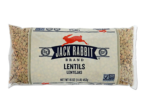 16 ounce bag of Jack Rabbit Brand Lentils. Clear bag with tan background and Jack Rabbit Logo.