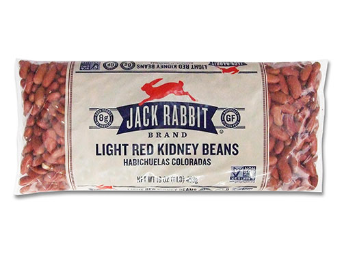 16 ounce bag of Jack Rabbit Brand Light Red Kidney Beans. Clear bag with tan background and Jack Rabbit Logo.