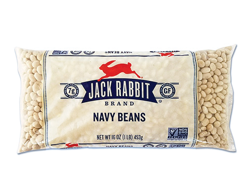 16 ounce bag of Jack Rabbit Brand Navy Beans. Clear bag with tan background and Jack Rabbit Logo.