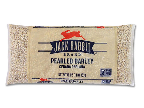 16 ounce bag of Jack Rabbit Brand Pearled Barley. Clear bag with tan background and Jack Rabbit Logo.