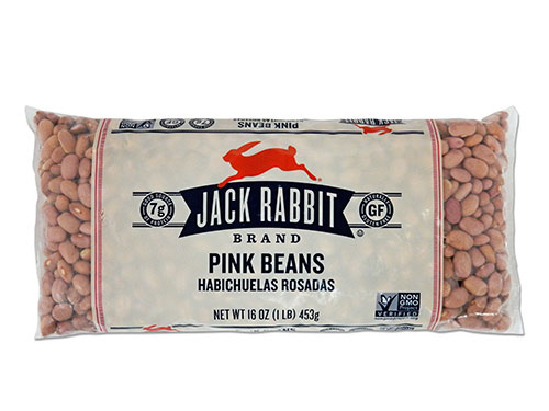 16 ounce bag of Jack Rabbit Brand Pink Beans. Clear bag with tan background and Jack Rabbit Logo.
