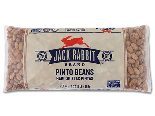 16 ounce bag of Jack Rabbit Brand Pinto Beans. Clear bag with tan background and Jack Rabbit Logo.