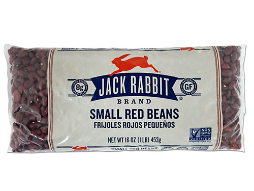 16 ounce bag of Jack Rabbit Brand Small Red Beans. Clear bag with tan background and Jack Rabbit Logo.