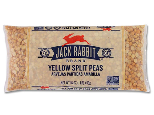 16 ounce bag of Jack Rabbit Brand Yellow Split Peas. Clear bag with tan background and Jack Rabbit Logo.