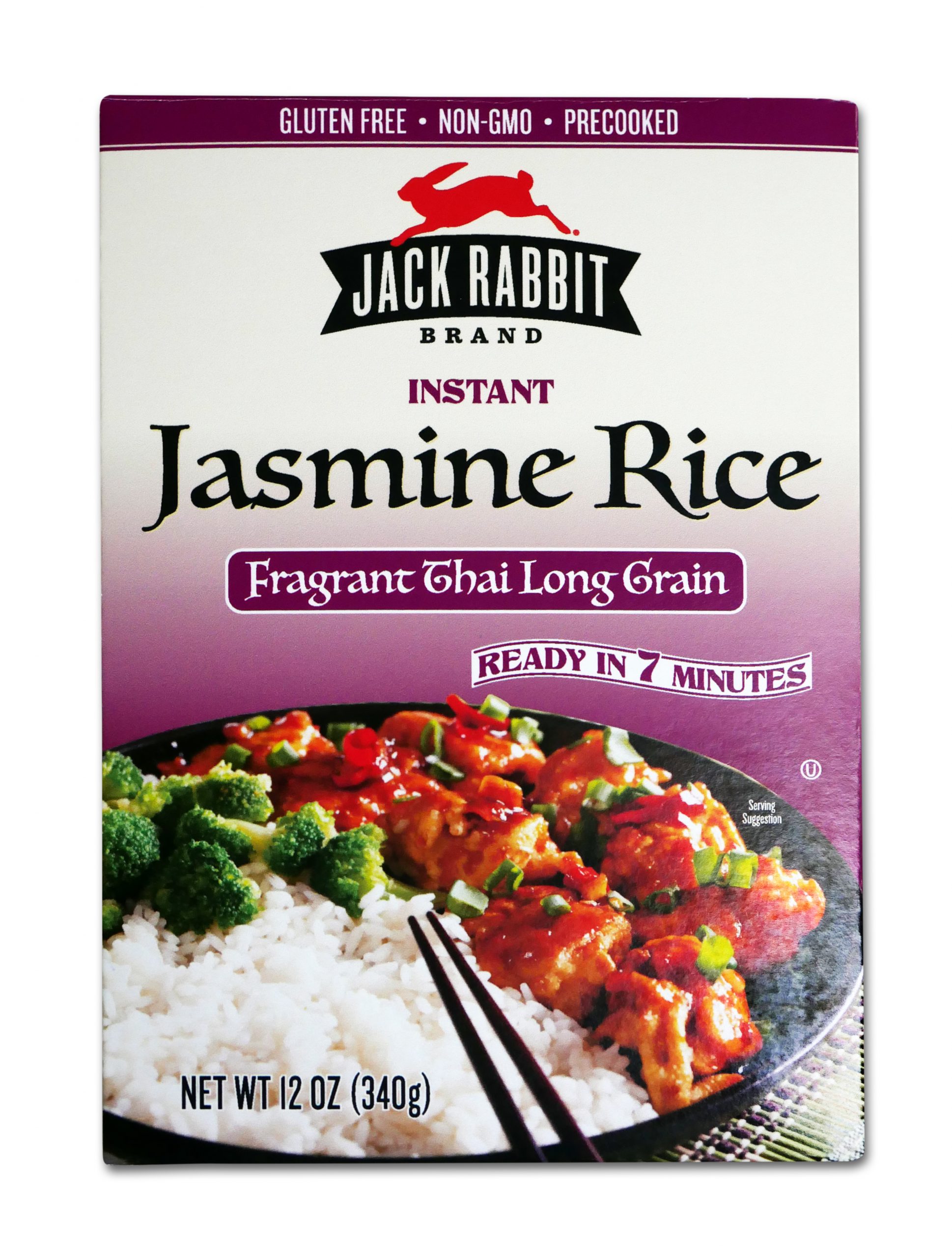 Purple package of Jack Rabbit Brand Instant Jasmine Rice. The box reads, "Gluten Free - Non-GMO - Precooked, Jack Rabbit Brand Instant Jasmine Rice, fragrant Thai long grain, ready in 7 minutes." The box has an image of a Thai rice dish with meat and broccoli.