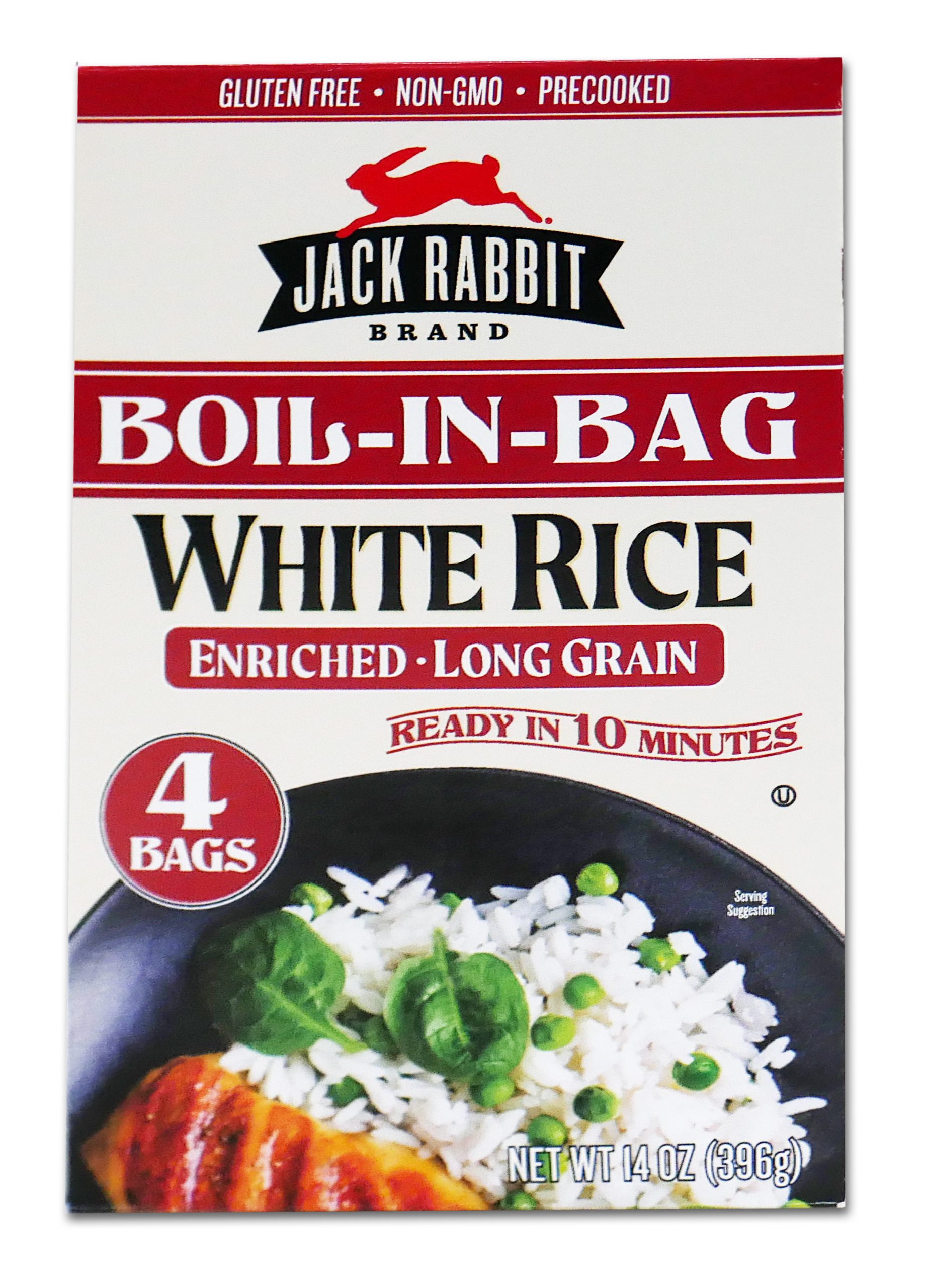 Red package of Jack Rabbit Brand Boil-In-Bag White Rice. The box reads, "Gluten Free - Non-GMO - Precooked, Jack Rabbit Brand Boil-In-Bag White Rice, enriched - long grain, ready in 10 minutes." The box has an image of a white rice dish with meat and peas.