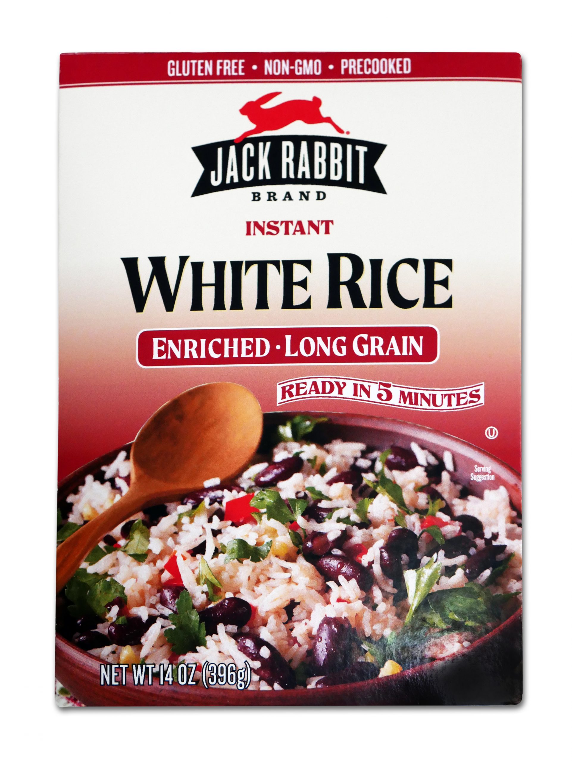 Red package of Jack Rabbit Brand Instant White Rice. The box reads, "Gluten Free - Non-GMO - Precooked, Jack Rabbit Brand Instant White Rice, enriched - long grain, ready in 5 minutes." The box has an image of a white rice dish with black beans and vegetables.