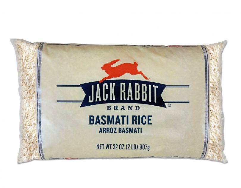 32 ounce bag of Jack Rabbit Brand Basmati Rice. Clear bag with tan background and Jack Rabbit Logo.