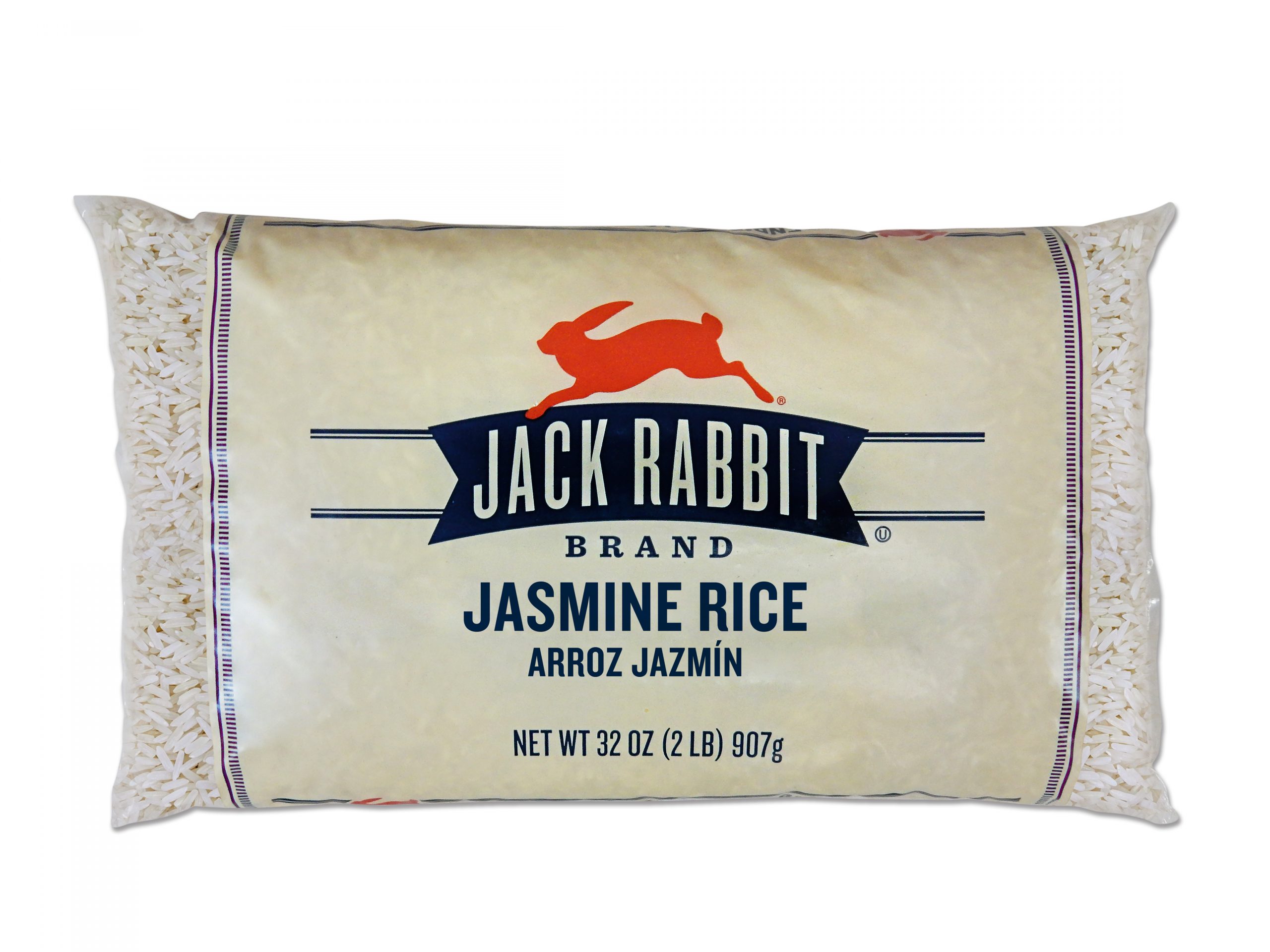 32 ounce bag of Jack Rabbit Brand Jasmine Rice. Clear bag with tan background and Jack Rabbit Logo.